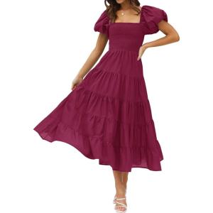 imageZESICA Womens 2025 Summer Square Neck Short Puff Sleeve Solid Color High Waist Casual Smocked Flowy A Line Tiered Midi DressFuchsia