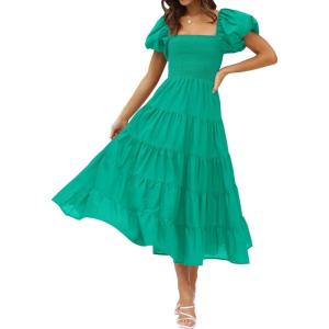 imageZESICA Womens 2025 Summer Square Neck Short Puff Sleeve Solid Color High Waist Casual Smocked Flowy A Line Tiered Midi DressGreen