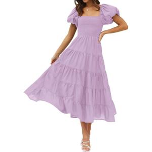 imageZESICA Womens 2025 Summer Square Neck Short Puff Sleeve Solid Color High Waist Casual Smocked Flowy A Line Tiered Midi DressLight Purple