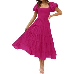 imageZESICA Womens 2025 Summer Square Neck Short Puff Sleeve Solid Color High Waist Casual Smocked Flowy A Line Tiered Midi DressRose