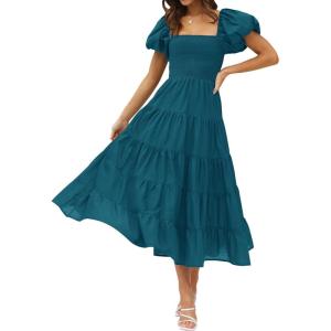 imageZESICA Womens 2025 Summer Square Neck Short Puff Sleeve Solid Color High Waist Casual Smocked Flowy A Line Tiered Midi DressTeal