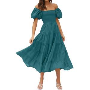 imageZESICA Womens 2025 Summer Square Neck Short Puff Sleeve Solid Color High Waist Casual Smocked Flowy A Line Tiered Midi DressTeal Green