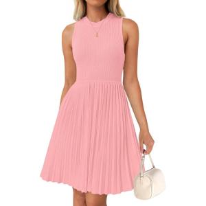 imageZESICA Womens Summer Sleeveless Mini Dress 2025 Crewneck Knit A Line Pleated Swing Casual Basic Short DressPink