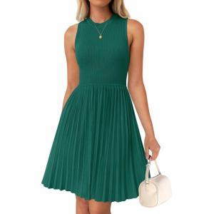 imageZESICA Womens Summer Sleeveless Mini Dress 2025 Crewneck Knit A Line Pleated Swing Casual Basic Short DressTeal