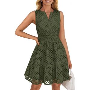 imageZESICA Womens Summer Sleeveless Mini Dress V Neck Hollow Out Eyelet High Waist A Line Swing Short Party DressesArmygreen