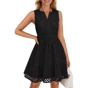 imageZESICA Womens Summer Sleeveless Mini Dress V Neck Hollow Out Eyelet High Waist A Line Swing Short Party DressesBlack