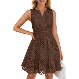 imageZESICA Womens Summer Sleeveless Mini Dress V Neck Hollow Out Eyelet High Waist A Line Swing Short Party DressesCoffee
