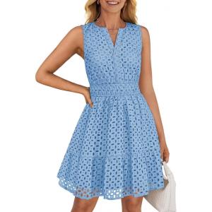 imageZESICA Womens Summer Sleeveless Mini Dress V Neck Hollow Out Eyelet High Waist A Line Swing Short Party DressesLightblue