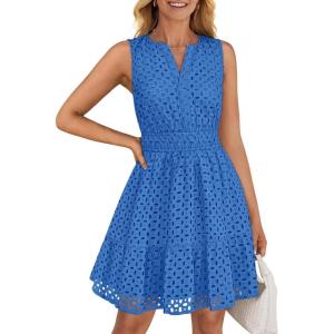 imageZESICA Womens Summer Sleeveless Mini Dress V Neck Hollow Out Eyelet High Waist A Line Swing Short Party DressesRoyal Blue