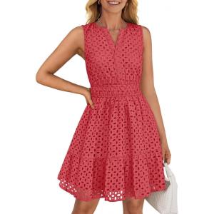 imageZESICA Womens Summer Sleeveless Mini Dress V Neck Hollow Out Eyelet High Waist A Line Swing Short Party DressesWatermelon