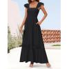 imageZESICA Womens 2025 Summer Lace Strap Sleeveless Square Neck Smocked High Waist Ruffle Hollow Out Flowy A Line Maxi DressBlack
