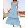 imageZESICA Womens 2025 Summer Lace Strap Sleeveless Square Neck Smocked High Waist Ruffle Hollow Out Flowy A Line Maxi DressLightblue