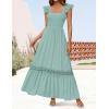 imageZESICA Womens 2025 Summer Lace Strap Sleeveless Square Neck Smocked High Waist Ruffle Hollow Out Flowy A Line Maxi DressLightgreen