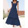 imageZESICA Womens 2025 Summer Lace Strap Sleeveless Square Neck Smocked High Waist Ruffle Hollow Out Flowy A Line Maxi DressNavy