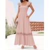 imageZESICA Womens 2025 Summer Lace Strap Sleeveless Square Neck Smocked High Waist Ruffle Hollow Out Flowy A Line Maxi DressPink