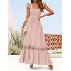 imageZESICA Womens 2025 Summer Lace Strap Sleeveless Square Neck Smocked High Waist Ruffle Hollow Out Flowy A Line Maxi DressPink