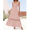 imageZESICA Womens 2025 Summer Lace Strap Sleeveless Square Neck Smocked High Waist Ruffle Hollow Out Flowy A Line Maxi DressPink