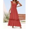 imageZESICA Womens 2025 Summer Lace Strap Sleeveless Square Neck Smocked High Waist Ruffle Hollow Out Flowy A Line Maxi DressRust