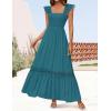 imageZESICA Womens 2025 Summer Lace Strap Sleeveless Square Neck Smocked High Waist Ruffle Hollow Out Flowy A Line Maxi DressTeal