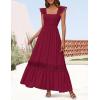 imageZESICA Womens 2025 Summer Lace Strap Sleeveless Square Neck Smocked High Waist Ruffle Hollow Out Flowy A Line Maxi DressWine