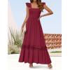 imageZESICA Womens 2025 Summer Lace Strap Sleeveless Square Neck Smocked High Waist Ruffle Hollow Out Flowy A Line Maxi DressWine