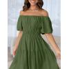 imageZESICA Womens Sexy Boho Off Shoulder Puff Short Sleeve High Waist Ruffled Flowy A Line Beach Party Midi DressArmygreen