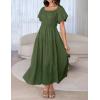 imageZESICA Womens Sexy Boho Off Shoulder Puff Short Sleeve High Waist Ruffled Flowy A Line Beach Party Midi DressArmygreen