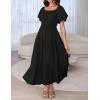 imageZESICA Womens Sexy Boho Off Shoulder Puff Short Sleeve High Waist Ruffled Flowy A Line Beach Party Midi DressBlack