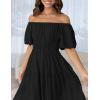 imageZESICA Womens Sexy Boho Off Shoulder Puff Short Sleeve High Waist Ruffled Flowy A Line Beach Party Midi DressBlack