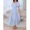 imageZESICA Womens Sexy Boho Off Shoulder Puff Short Sleeve High Waist Ruffled Flowy A Line Beach Party Midi DressBlue
