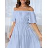 imageZESICA Womens Sexy Boho Off Shoulder Puff Short Sleeve High Waist Ruffled Flowy A Line Beach Party Midi DressBlue