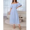imageZESICA Womens Sexy Boho Off Shoulder Puff Short Sleeve High Waist Ruffled Flowy A Line Beach Party Midi DressBlue