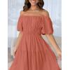 imageZESICA Womens Sexy Boho Off Shoulder Puff Short Sleeve High Waist Ruffled Flowy A Line Beach Party Midi DressCoral