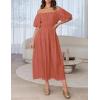imageZESICA Womens Sexy Boho Off Shoulder Puff Short Sleeve High Waist Ruffled Flowy A Line Beach Party Midi DressCoral