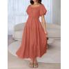imageZESICA Womens Sexy Boho Off Shoulder Puff Short Sleeve High Waist Ruffled Flowy A Line Beach Party Midi DressCoral