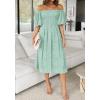 imageZESICA Womens Sexy Boho Off Shoulder Puff Short Sleeve High Waist Ruffled Flowy A Line Beach Party Midi DressGreen
