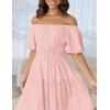 imageZESICA Womens Sexy Boho Off Shoulder Puff Short Sleeve High Waist Ruffled Flowy A Line Beach Party Midi DressPink