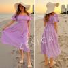 imageZESICA Womens Sexy Boho Off Shoulder Puff Short Sleeve High Waist Ruffled Flowy A Line Beach Party Midi DressPurple