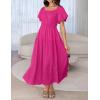 imageZESICA Womens Sexy Boho Off Shoulder Puff Short Sleeve High Waist Ruffled Flowy A Line Beach Party Midi DressRose