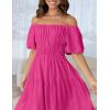 imageZESICA Womens Sexy Boho Off Shoulder Puff Short Sleeve High Waist Ruffled Flowy A Line Beach Party Midi DressRose