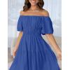 imageZESICA Womens Sexy Boho Off Shoulder Puff Short Sleeve High Waist Ruffled Flowy A Line Beach Party Midi DressRoyalblue