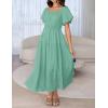imageZESICA Womens Sexy Boho Off Shoulder Puff Short Sleeve High Waist Ruffled Flowy A Line Beach Party Midi DressSage