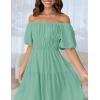 imageZESICA Womens Sexy Boho Off Shoulder Puff Short Sleeve High Waist Ruffled Flowy A Line Beach Party Midi DressSage