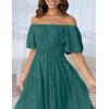imageZESICA Womens Sexy Boho Off Shoulder Puff Short Sleeve High Waist Ruffled Flowy A Line Beach Party Midi DressTeal