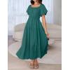 imageZESICA Womens Sexy Boho Off Shoulder Puff Short Sleeve High Waist Ruffled Flowy A Line Beach Party Midi DressTeal