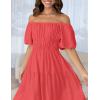 imageZESICA Womens Sexy Boho Off Shoulder Puff Short Sleeve High Waist Ruffled Flowy A Line Beach Party Midi DressWatermelon