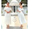 imageZESICA Womens Sexy Boho Off Shoulder Puff Short Sleeve High Waist Ruffled Flowy A Line Beach Party Midi DressWhite
