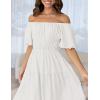 imageZESICA Womens Sexy Boho Off Shoulder Puff Short Sleeve High Waist Ruffled Flowy A Line Beach Party Midi DressWhite
