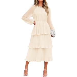 imageZESICA Womens 2025 Long Sleeve Crew Neck Ruffle Tiered Layered Chiffon Flowy Swing 2025 Long Midi DressApricot