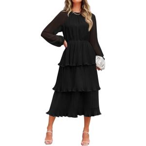 imageZESICA Womens 2025 Long Sleeve Crew Neck Ruffle Tiered Layered Chiffon Flowy Swing 2025 Long Midi DressBlack